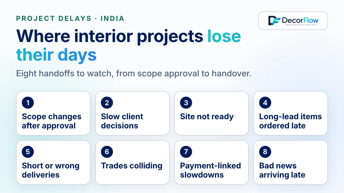 Timeline of a ten-week interior project marking the eight handoffs where days are usually lost, from scope approval to handover