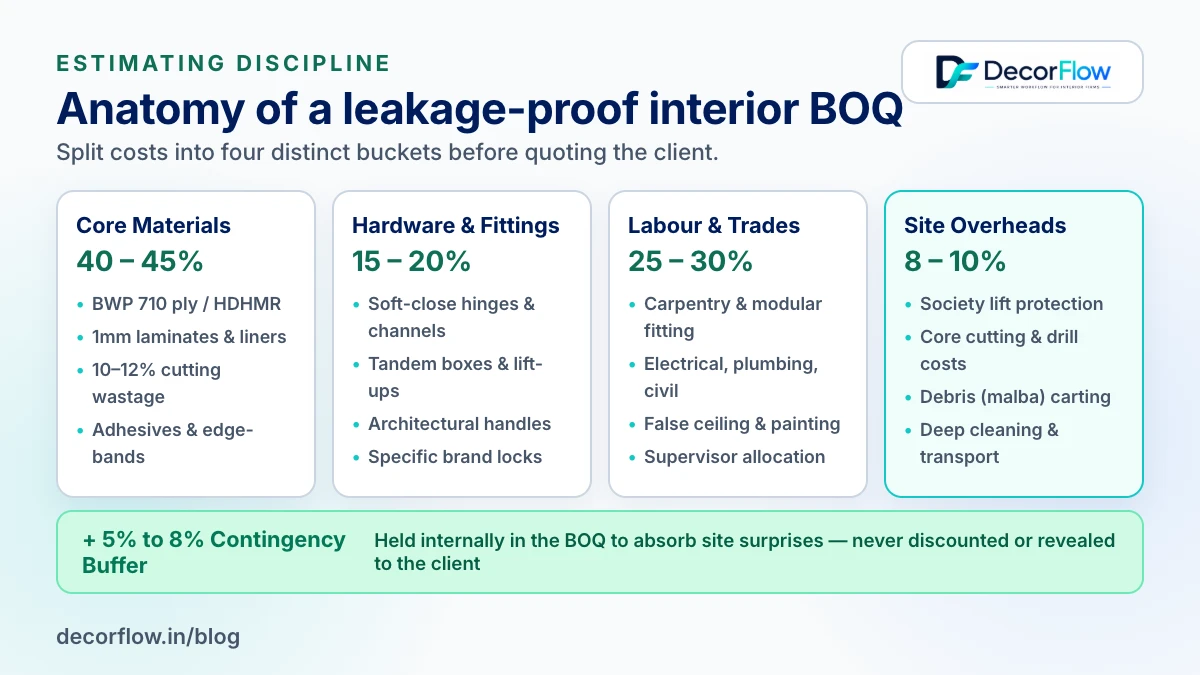 Anatomy of an interior BOQ showing material, hardware, labour, and overhead cost buckets plus contingency