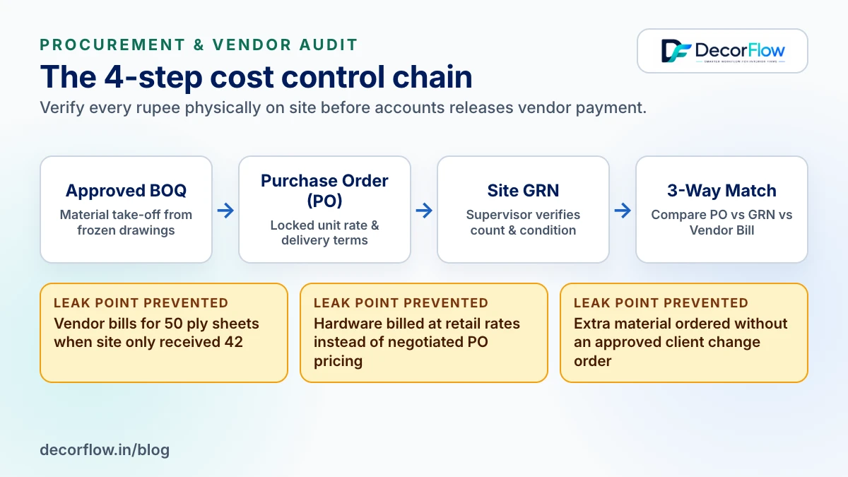 The 4-step cost control chain showing Approved BOQ, Purchase Order, Site GRN, and 3-Way Match