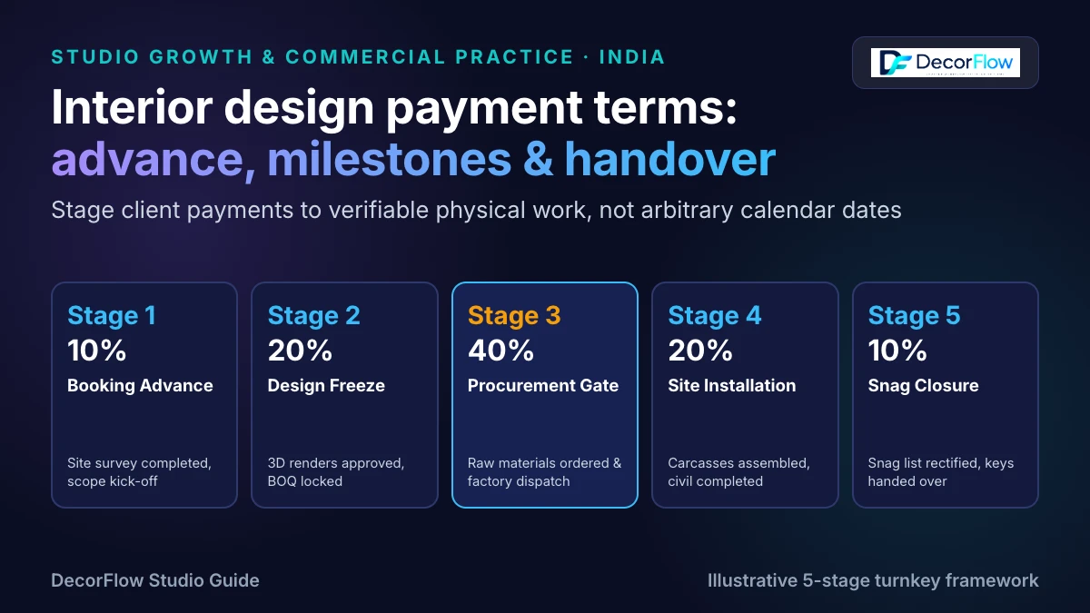 Five-stage interior design payment terms ribbon showing booking advance, design freeze, material procurement gate, site installation, and snag closure stages