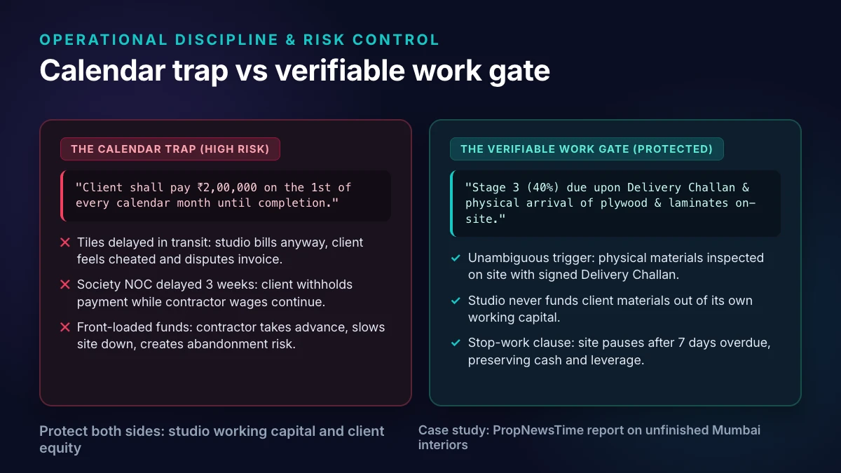 Side-by-side contrast between a calendar trap clause and a verifiable work gate clause on Indian interior sites