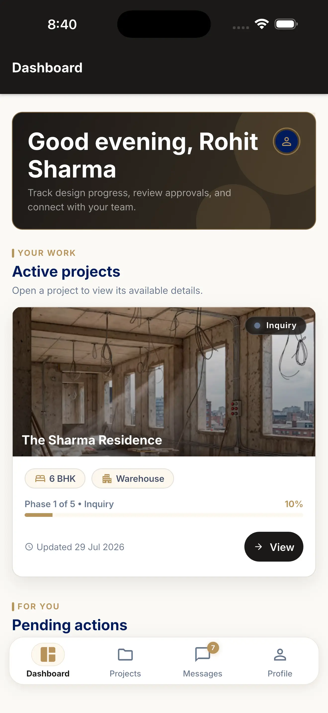 DecorFlow client portal showing drawings, project timeline and payment milestones for a homeowner